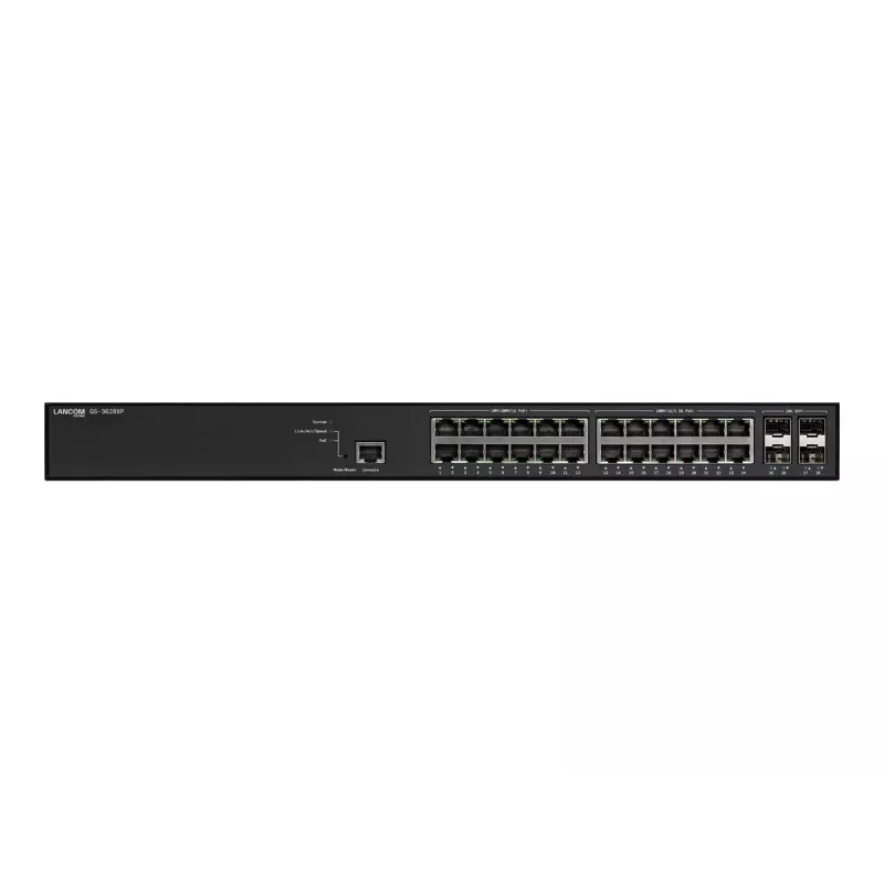 Valdomas LANCOM GS-3628XP komutatorius, 24× 2.5G RJ-45 prievadai, PoE, L2/L3, 1U montavimas į stelažą