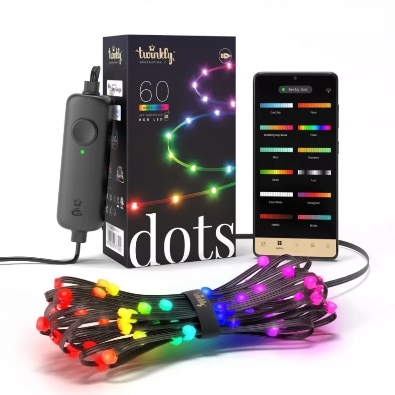 Twinkly Dots 60 RGB USB išmanieji žibintai, 3 m, juodi