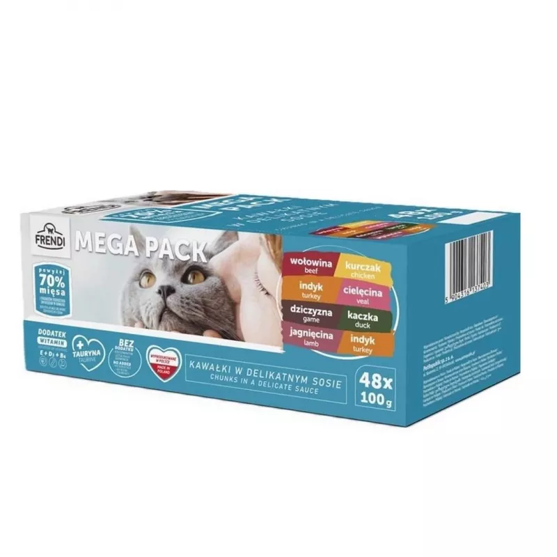 FRENDI Mėsos gabalėliai švelniame padaže – šlapias kačių maistas – 48x100g