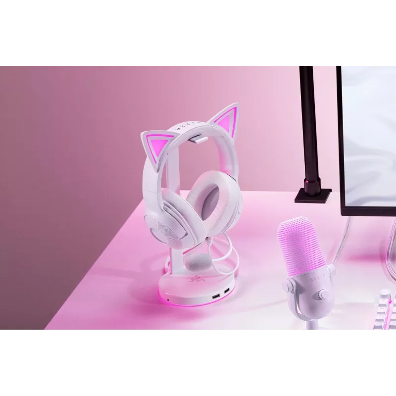Ausinės Razer Kraken Kitty V2 laidinės USB Type-A baltos — Circumaural, galvos lankelis, 20–20000 Hz, 2 m laidas