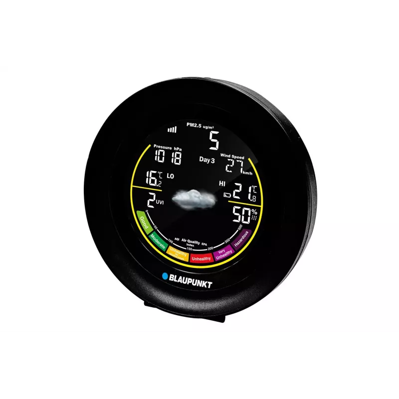 Oro stotelė BLAUPUNKT WS35BK APP — LCD ekranas, temperatūra ir drėgmė, žadintuvas, kalendorius, programėlės ryšys, 94×94×27 mm