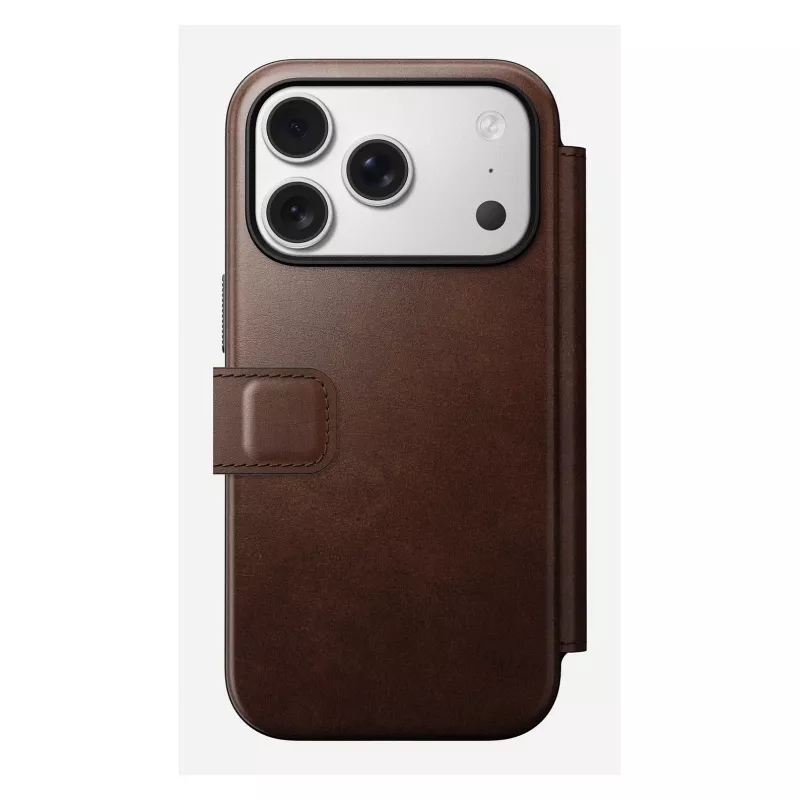 Mobiliojo telefono dėklas Nomad Modern Leather Folio, skirtas iPhone 17 Pro, oda/aliuminis, 16 cm (6,3 colio) rudas, 4 kortelių skyreliai