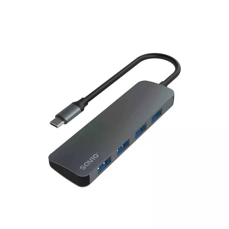 USB šakotuvas SAVIO AK-54 — 4 x USB-A (USB 3.2 Gen 1), USB-C pagrindinis, juodas