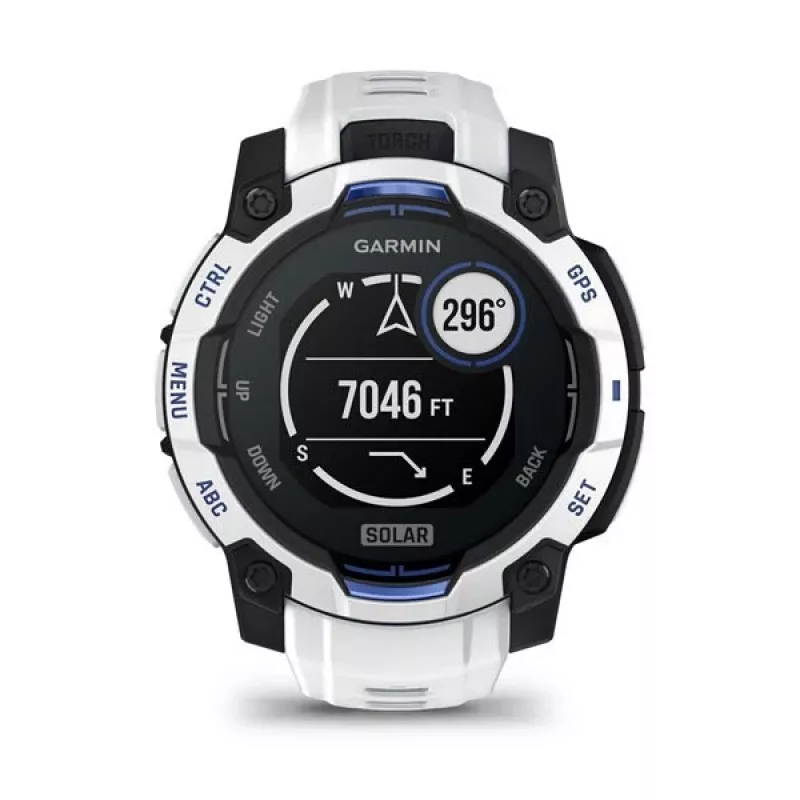 Išmanusis laikrodis GARMIN Instinct 2 45 mm, MIP 0,9 colio (176×176), GPS, saulės energija, silikoninis dirželis mėlynas/baltas
