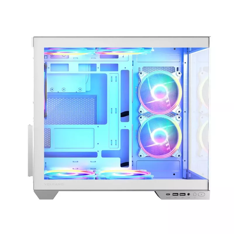 PC korpusas MODECOM Volcano Panorama Midi Tower baltas — micro ATX, grūdintas stiklas, ARGB, USB-C, palaiko GPU iki 400 mm