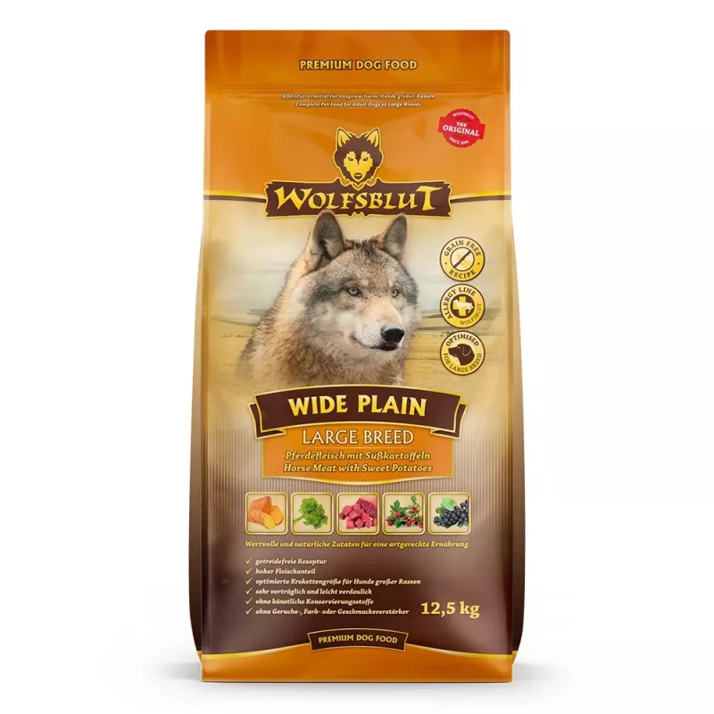Sausas šunų maistas Wolfsblut Wide Plain Large Breed — Horse & Sweet Potatoes, 12,5 kg, 24% baltymų, 10% riebalų