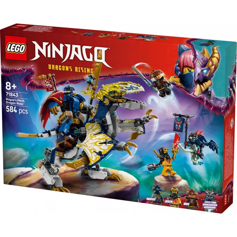 LEGO NINJAGO rinkinys 71843 „Rogue“ mecha drakono raitelis — 584 vnt., 4 minifigūrėlės, 190 mm modelio aukštis