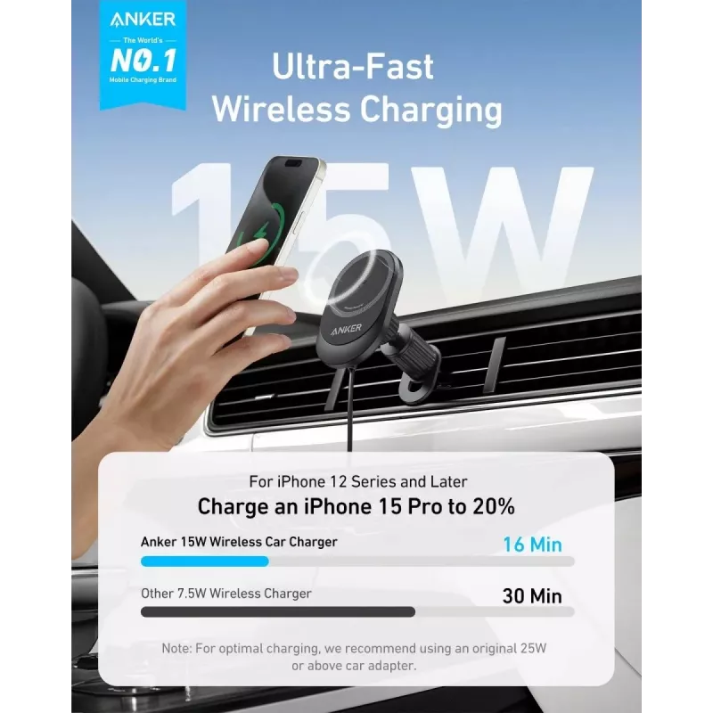 Belaidis magnetinis automobilinis įkroviklis Anker MagGo 15W — Magnetinis 15W Qi greitasis įkrovimas išmaniesiems telefonams, juodas