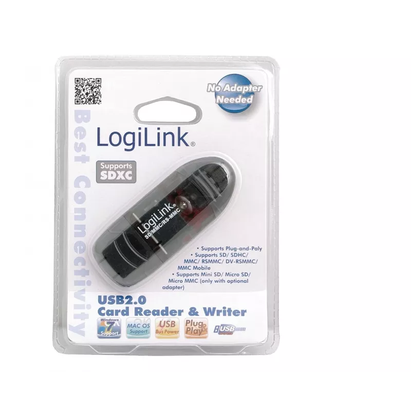 Kortelių skaitytuvas LOGILINK CR0007 USB 2.0 SD/MMC, juodas, iki 480 Mbit/s