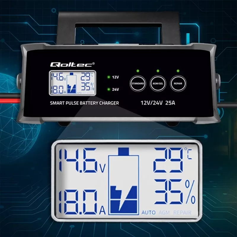 Baterijų įkroviklis QOLTEC 52514 — 12V/24V, 25A, AGM/GEL/SLA baterijoms su LCD ekranu