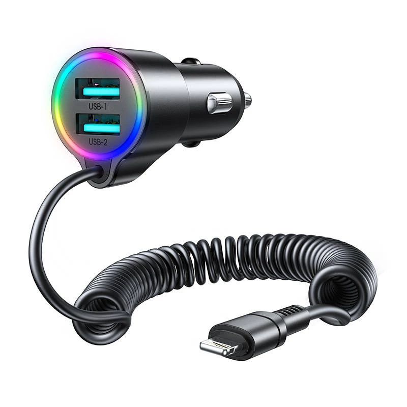 Automobilinis įkroviklis Joyroom 3 viename su 1,5 m Lightning laidu, 17 W, juodas
