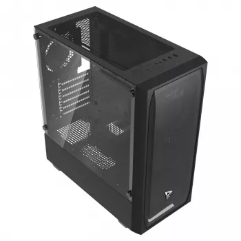 Kompiuterio korpusas SAVIO Noctis Flow — Cube Mini‑ITX/Micro‑ATX/ATX, 3x120mm priekyje, 1x120mm gale, 2x3.5 colio + 3x2.5 colio lizdai, grūdintas stiklas