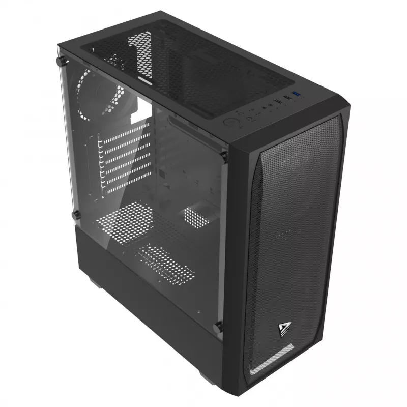 Kompiuterio korpusas SAVIO Noctis Flow — Cube Mini‑ITX/Micro‑ATX/ATX, 3x120mm priekyje, 1x120mm gale, 2x3.5 colio + 3x2.5 colio lizdai, grūdintas stiklas
