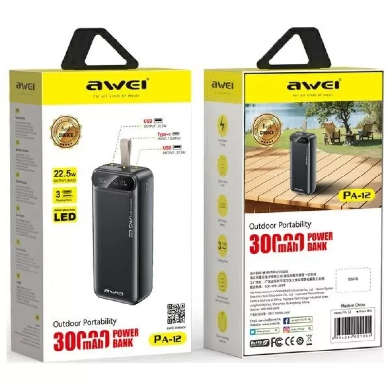 Nešiojama išorinė baterija AWEI PA-12 30000mAh 22.5W juoda