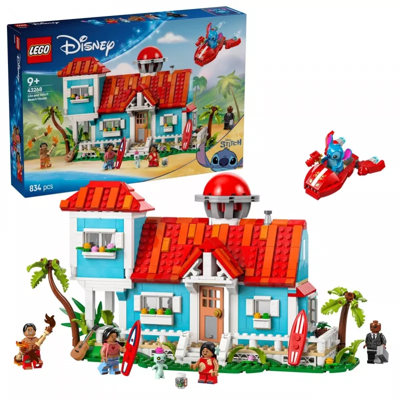 LEGO rinkinys Disney 43268 Paplūdimio namas — modulinis namo modelis, 834 dalys, 5 minifigūrėlės, amžius 9+