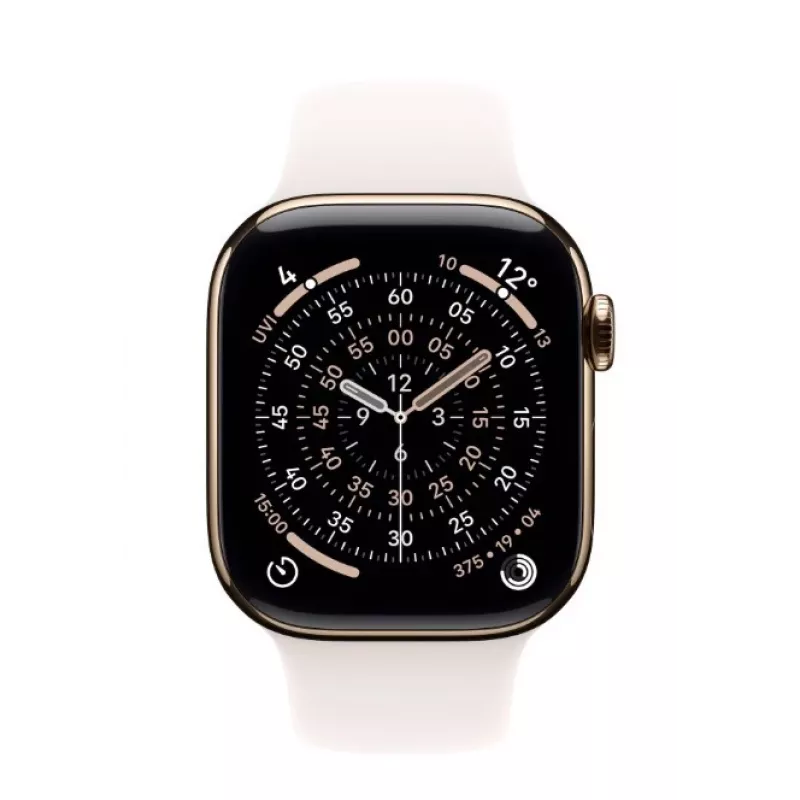 Išmanusis laikrodis „Apple Watch Series 11“ GPS + Cellular 42 mm auksinis titano korpusas, šviesiai rožinis sportinis dirželis M/L