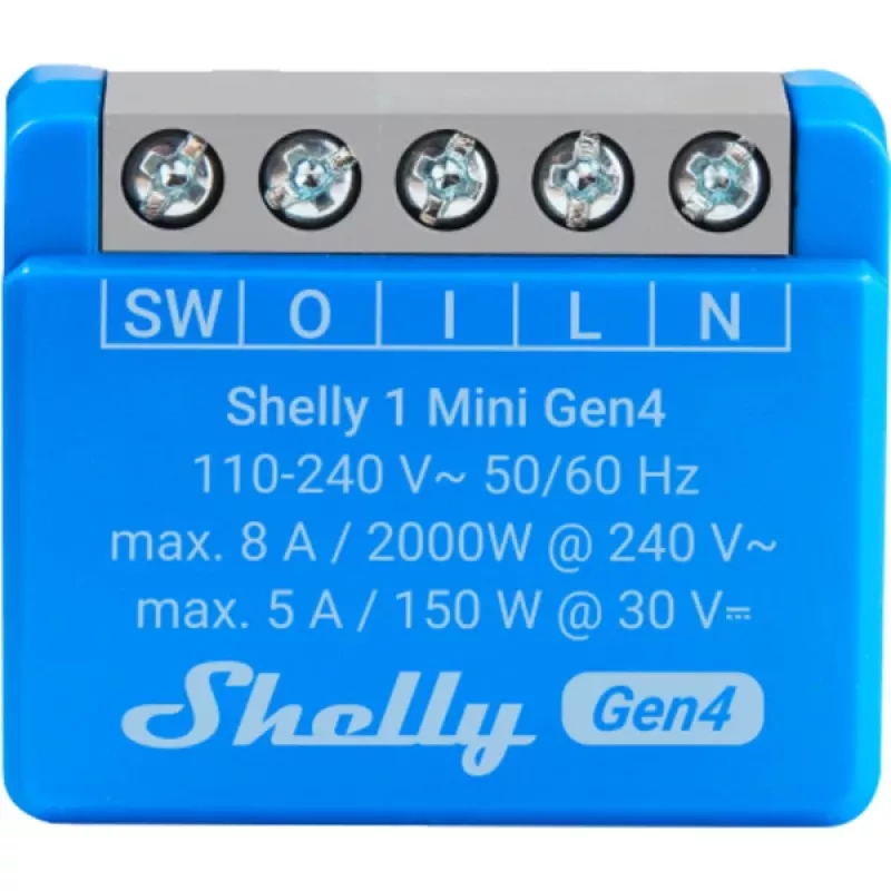 Išmanioji relės modulis Shelly 1 Mini Gen4, 1P 8A, Wi‑Fi/Matter/Zigbee/Bluetooth, 110–240V, kompaktiškas (2 vnt.)