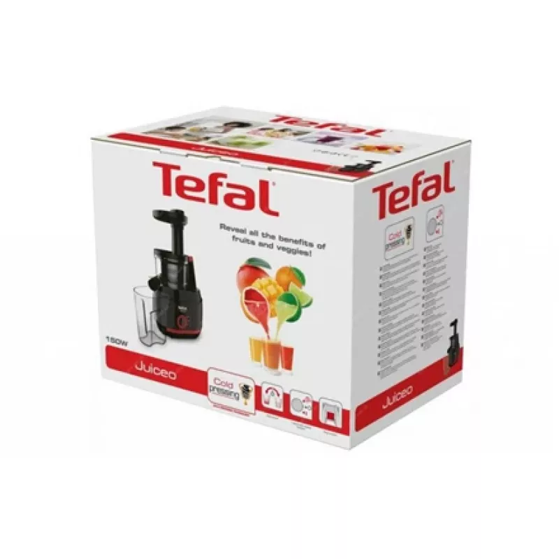 Lėto spaudimo sulčiaspaudė Tefal Juiceo ZC150 — 150 W, 4,5 cm padavimo vamzdis, 0,8 l sulčių ir minkštimo talpyklos, 80 aps./min., juoda/raudona
