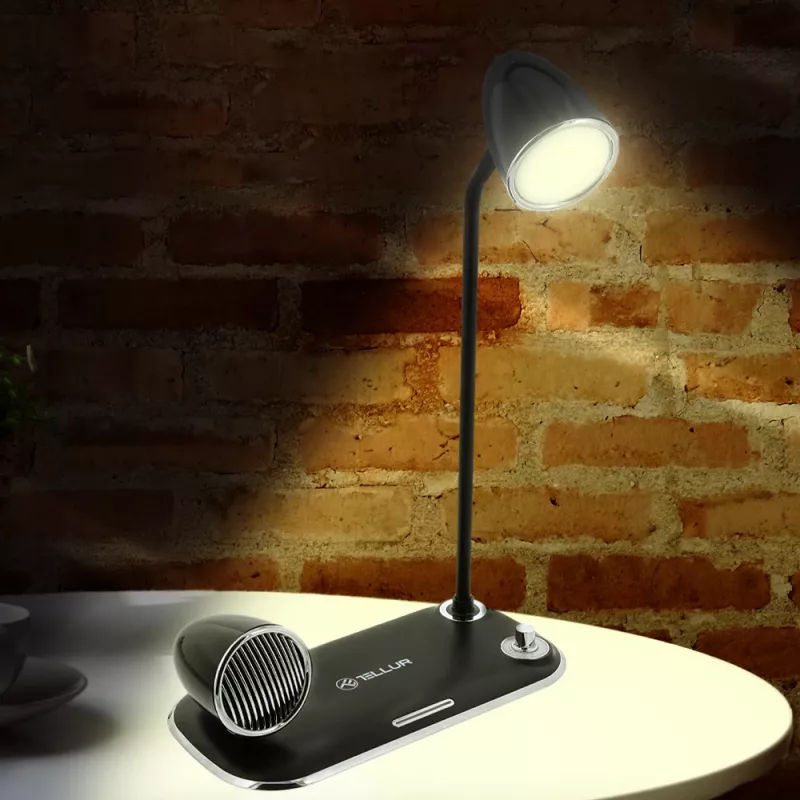 Stalinė lempa Tellur TLL151361 su belaidžiu Qi įkrovikliu ir Bluetooth garsiakalbiu, reguliuojamas apšvietimas