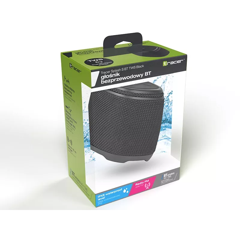 Nešiojamas stereo garsiakalbis TRACER Splash S (Bluetooth 5.1, 5 W RMS, IPX5, 6 h baterija) Juodas