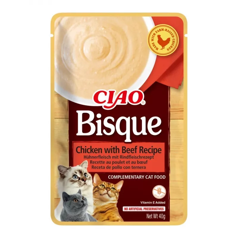 Šlapias kačių skanėstas INABA CIAO Bisque — tunas, jautiena, vištiena 40 g pakeliuose, pakuotėje 24 vnt.