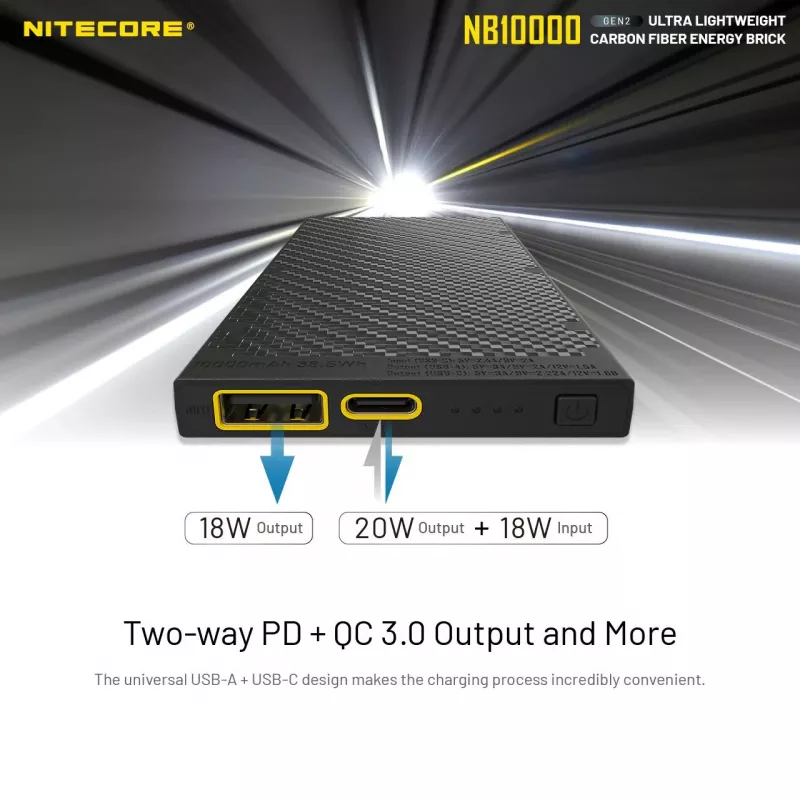 Portable Power Bank Nitecore NB10000 — 10000 mAh, USB‑A + USB‑C, 38W total output, Pilka