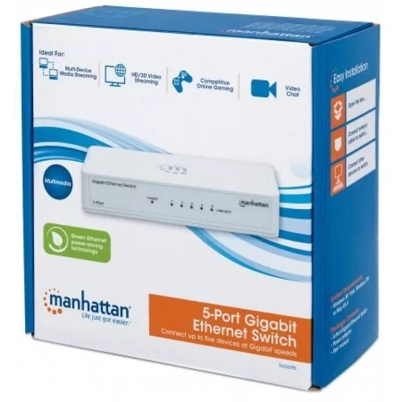 Manhattan 5 prievadų gigabitinis eterneto komutatorius, stalinis, plastikinis, IEEE 802.3az (energiją taupantis eternetas), trejų metų garantija, dėžutėje