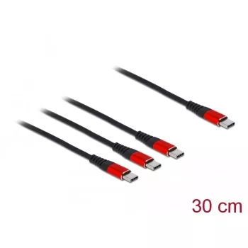 USB įkrovimo laidas DeLOCK 3 viename USB Type-C į 3 x USB Type-C 30 cm juoda/raudona