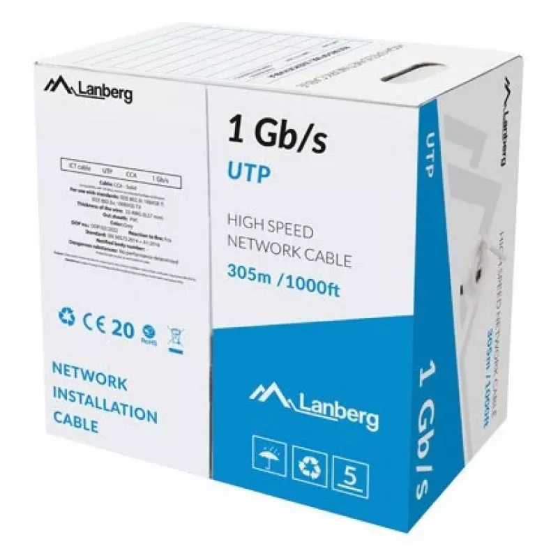 LANBERG tinklo kabelis LCU6-10CC-0305-S U/UTP Cat6 305 m, 23 AWG, CCA, pilkas