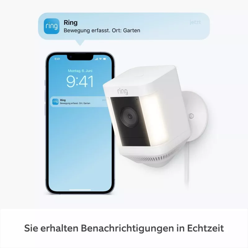 Ring Spotlight Cam Plus Plug-In tinklo stebėjimo kamera, skirta naudoti lauke