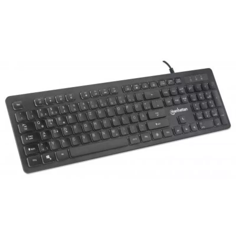 Manhattan Gaming USB klaviatūra, žemos jėgos klavišų leidimas, 12 daugialypės terpės klavišų, vaivorykštės LED apšvietimas, USB-A, juoda, mažmeninė pakuotė (vokiškas išdėstymas)