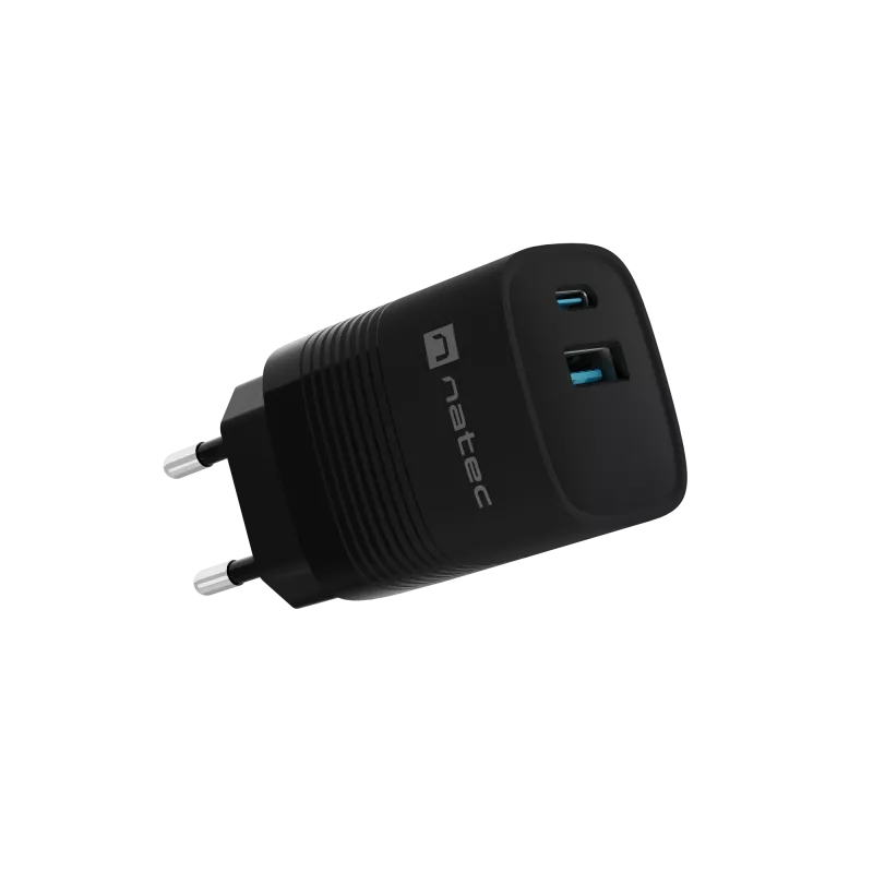 NATEC laidinis mobiliųjų įrenginių įkroviklis NUC-2141, 30W, USB-C PD 3.0 + USB-A QC 3.0, 110–240V, juodas