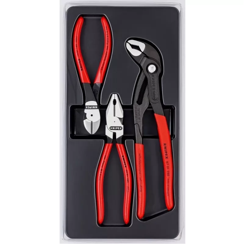 Knipex replių rinkinio galios paketas, kuriame yra 3 poliruoto plastiko termoformuotos dalys