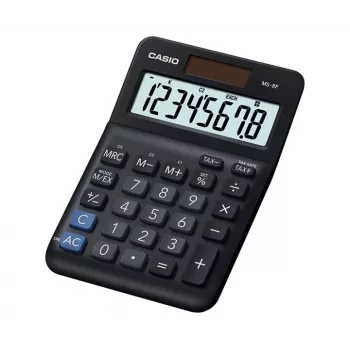 Stalinis pagrindinis skaičiuotuvas CASIO MS-8F – 8 skaitmenų, baterija/saulės energija, 26 klavišai, valiutos ir mokesčių funkcijos, pelno skaičiavimas, juodas