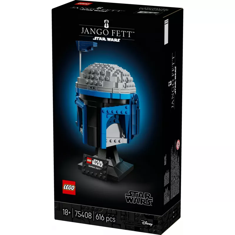 Kolekcinis LEGO Star Wars šalmo aksesuaras Jango Fett 75408 — 616 dalių, 210×120×110 mm demonstracinis modelis
