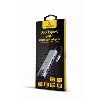 Nešiojamojo kompiuterio dokas Gembird A-CM-COMBO5-04 — USB 3.2 Gen 1 Type-C, 5 Gbit/s, PD 87 W, HDMI, Ethernet, USB-A