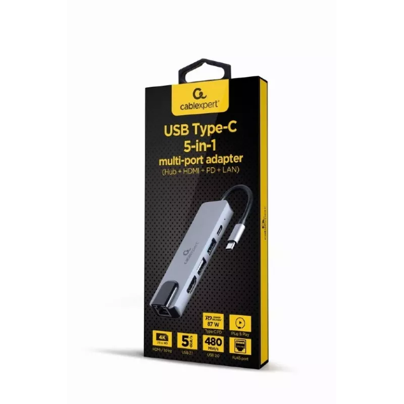 Nešiojamojo kompiuterio dokas Gembird A-CM-COMBO5-04 — USB 3.2 Gen 1 Type-C, 5 Gbit/s, PD 87 W, HDMI, Ethernet, USB-A