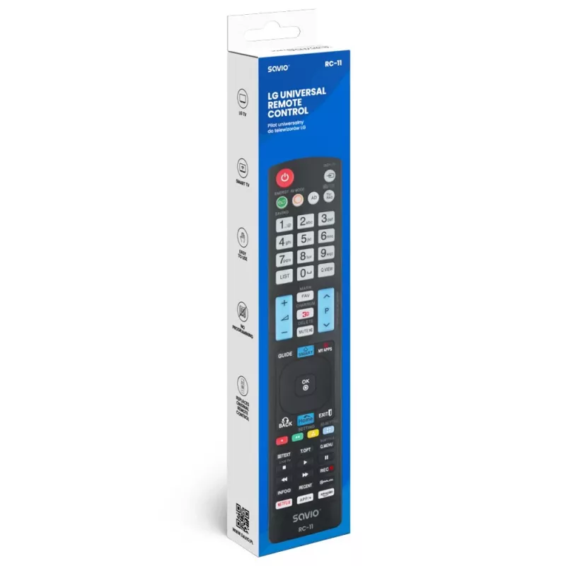 SAVIO RC-11 infraraudonųjų spindulių nuotolinio valdymo pultas LG televizoriams, juodas, veikimo nuotolis 10 m, palaiko 1 įrenginį