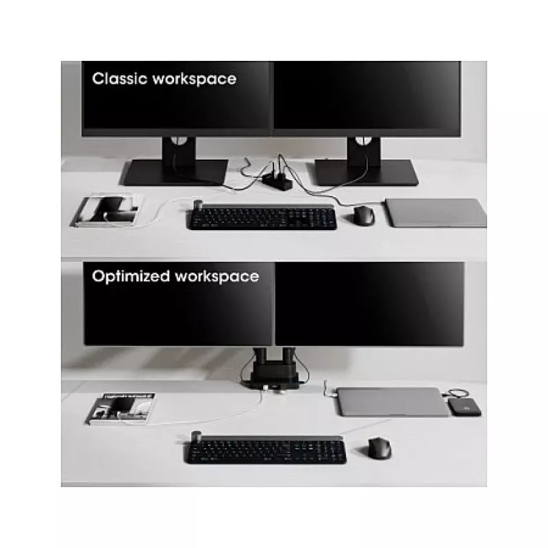 Manhattan dvigubas stalinis laikiklis televizoriams ir monitoriams (pilnos eigos dujinė spyruoklė) su įmontuota dokine stotimi, ekranams iki 27 col., prievadai (x7): Ethernet, HDMI (x2), USB-A (x3) ir USB-C, maitinimo tiekimas (100 W) į USB-C prievadą (reikalingas atskiras USB-C kintamosios srovės adapteris / laidas), VESA: 75x75 ir 100x100 mm