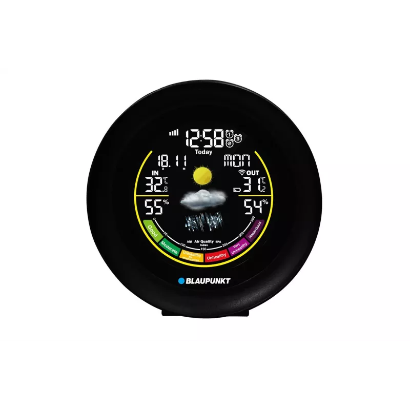 Oro stotelė BLAUPUNKT WS35BK APP — LCD ekranas, temperatūra ir drėgmė, žadintuvas, kalendorius, programėlės ryšys, 94×94×27 mm