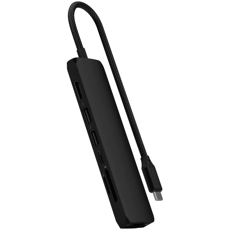 Satechi 7-w-1 USB-C plonas daugiafunkcis adapteris su Ethernet (USB-C PD, 2x USB-A, HDMI 4K, Ethernet, micro/SD kortelių skaitytuvas) (juoda)