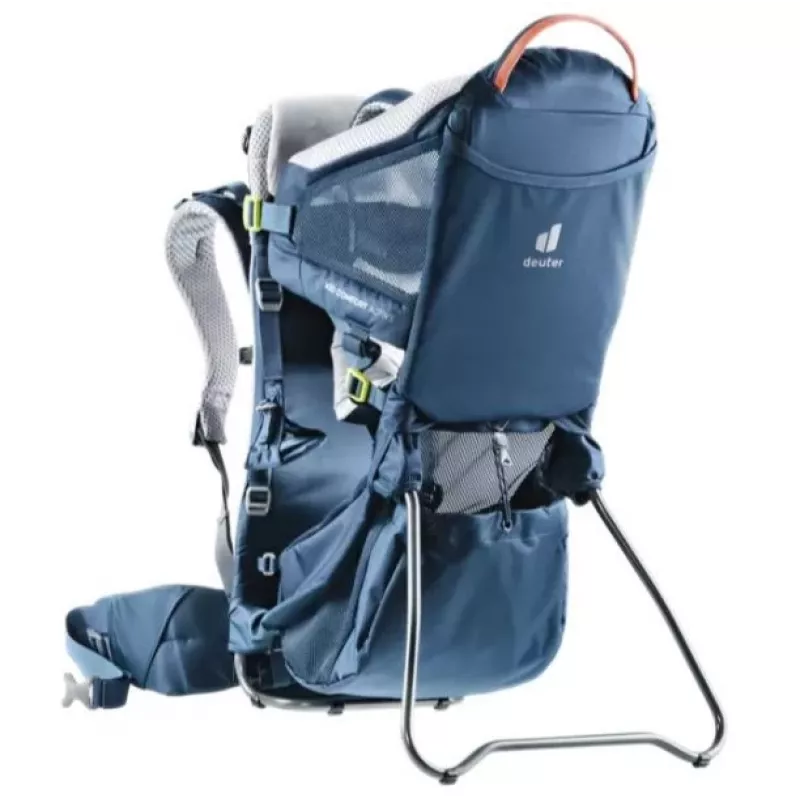 Vaikiška nešynė kuprinė DEUTER Kid Comfort Active — mėlyna, poliamidas, iki 22 kg, skėtis nuo saulės, kojų atrama, VariQuick, Lite Air