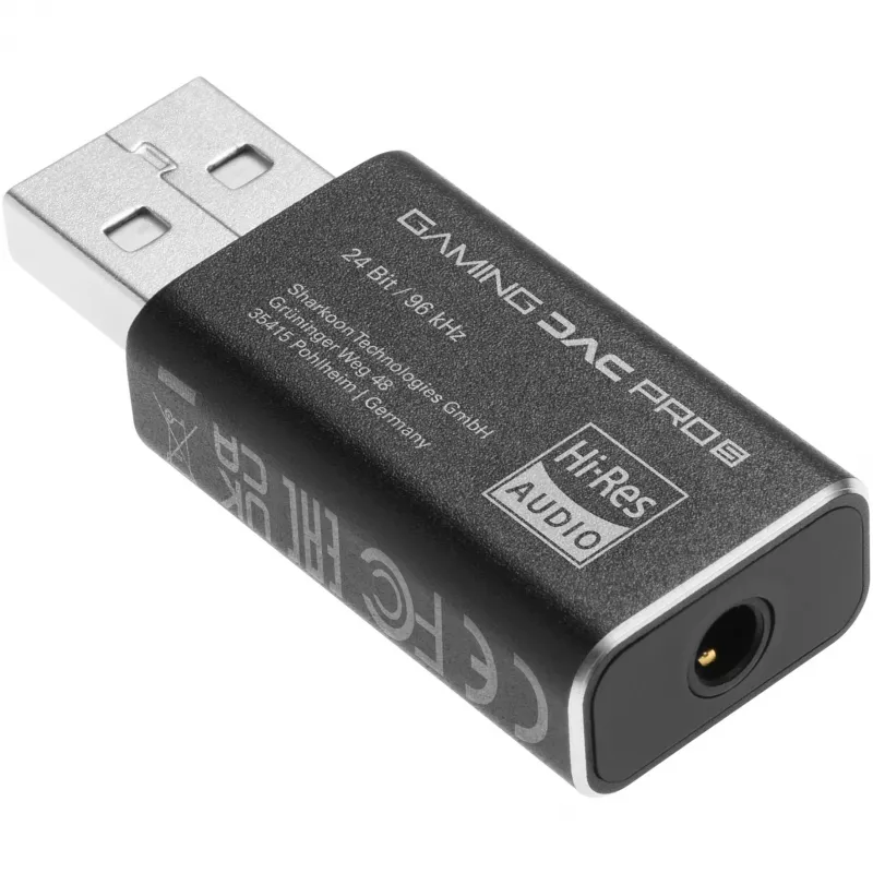 Vidinė USB Type-A į 3,5 mm DAC adapteris Sharkoon DAC Pro S — 2 V išvestis, juoda, kompaktiškas (42×17,3×9,7 mm)