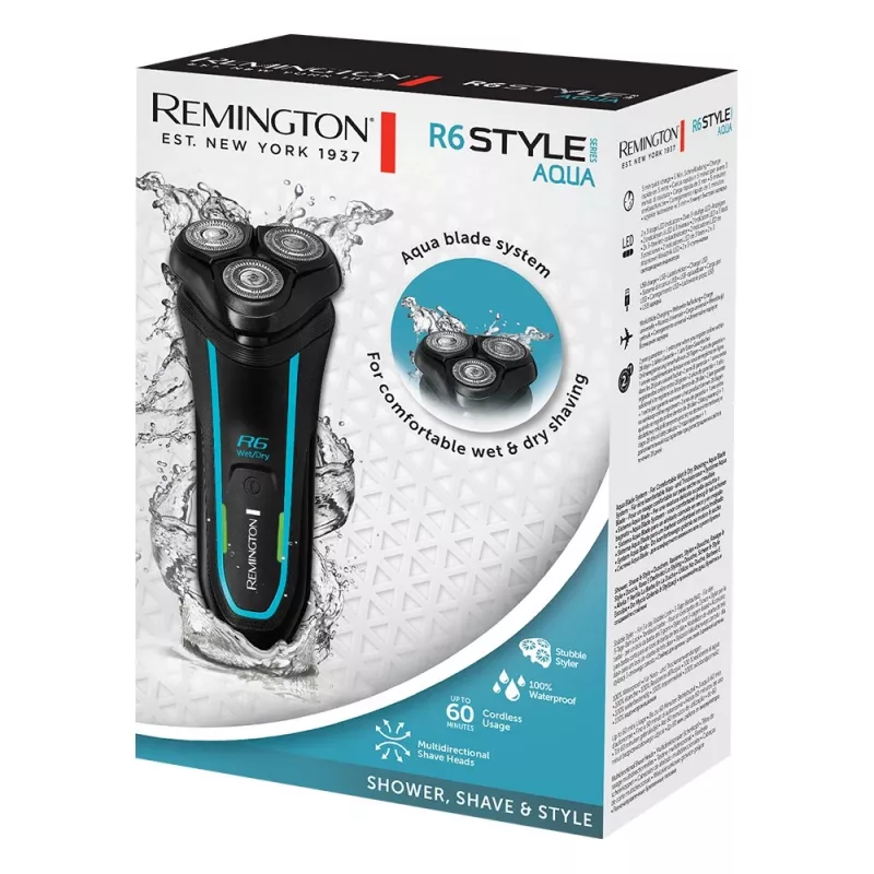 Rotacinis skustuvas Remington R6000 — 3 rotorinės galvutės, šlapiam ir sausam skutimui, belaidis, 60 min. veikimo laikas, iššokantis kirpimo peiliukas, juodas