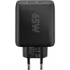 USB-C dvigubas greitasis įkroviklis, PD, GaN, 65 W (juodas, 1x USB-C, 1x USB-A, maitinimo tiekimas)