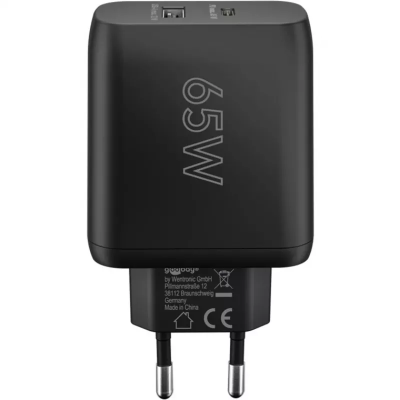 USB-C dvigubas greitasis įkroviklis, PD, GaN, 65 W (juodas, 1x USB-C, 1x USB-A, maitinimo tiekimas)