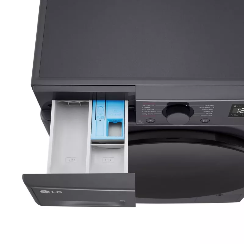 Skalbimo mašina LG F2WR508S2M — priekinio įkrovimo, 8 kg, 1200 aps./min, A efektyvumo, 60×48 cm, LED, vidutiniškai juoda
