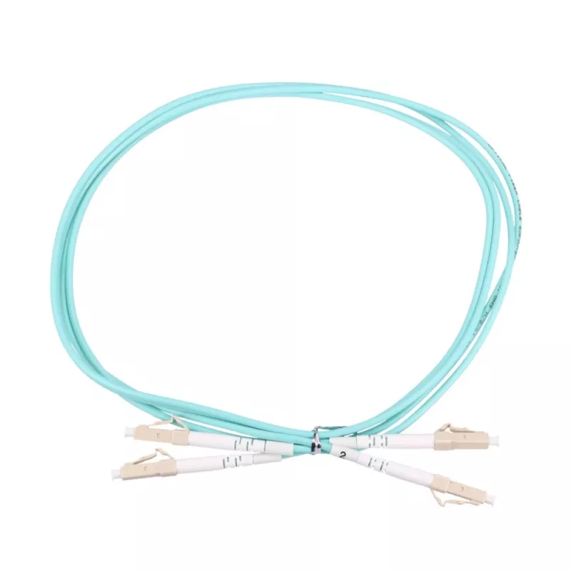 Patchcord LC/UPC-LC/UPC dvipusis 5 m — Extralink OM3 daugiamodis, 3 mm FTTH, aqua