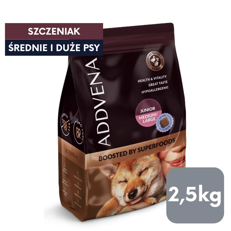 ADDVENA Boosted by superfoods Junior Medium/Large Beef - sausas šunų ėdalas - 2,5kg