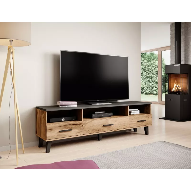 TV stovas Cama Meble LOTTA 180 cm — Wotan ąžuolo rėmas, matinio juodo viršaus plokštė, 1800×400×530 mm